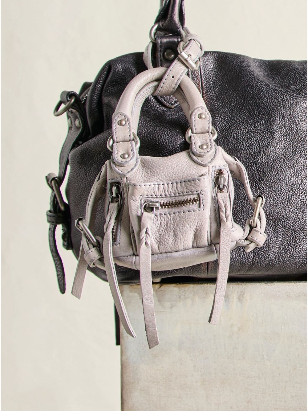FREE PEOPLE DOVE GRAY micro Emerson Mini Leather key Charm in Light Gray new